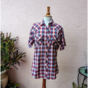 Branded Western Wear red/white/blue checkered button-up shirt  SZ M